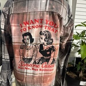 Gray Plaid bleached flannel with Graphic Mens or womens